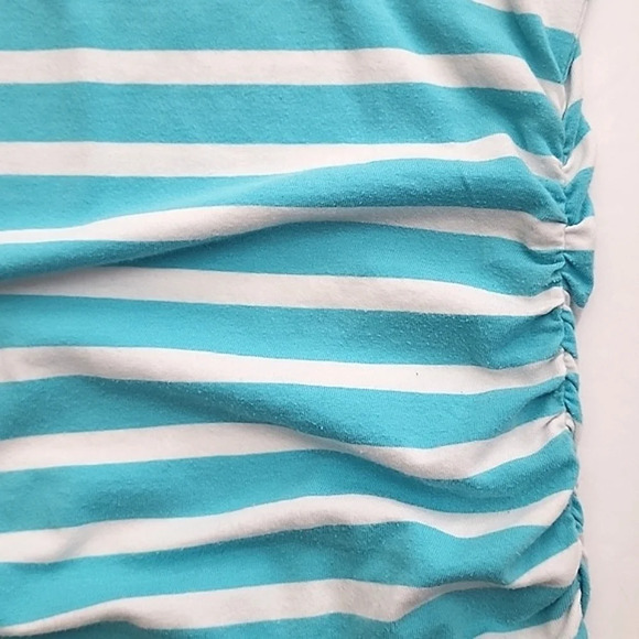 Michael Michael Kors Blue White Striped Ruched Zippers Neck Cotton Top Sz Medium - Picture 7 of 11